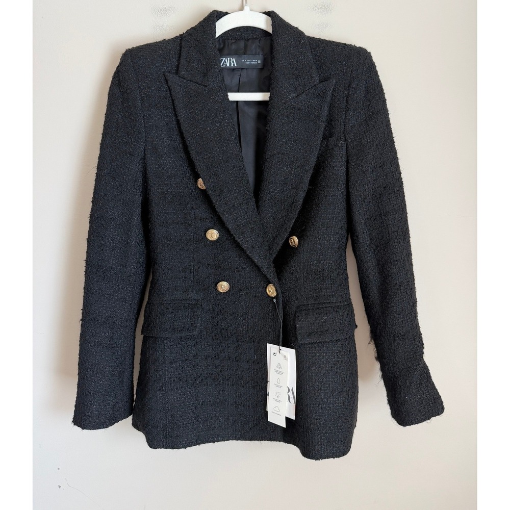 Zara Tweed Tailored Blazer Women Size S Black Double Breasted Gold Button NWT